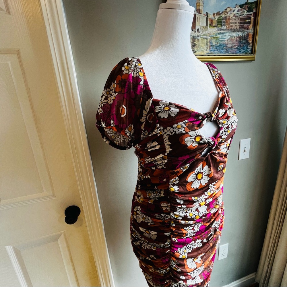 Madden NYC Hippie Floral Brown and Pink Women's Dress BodyCon Girly Large